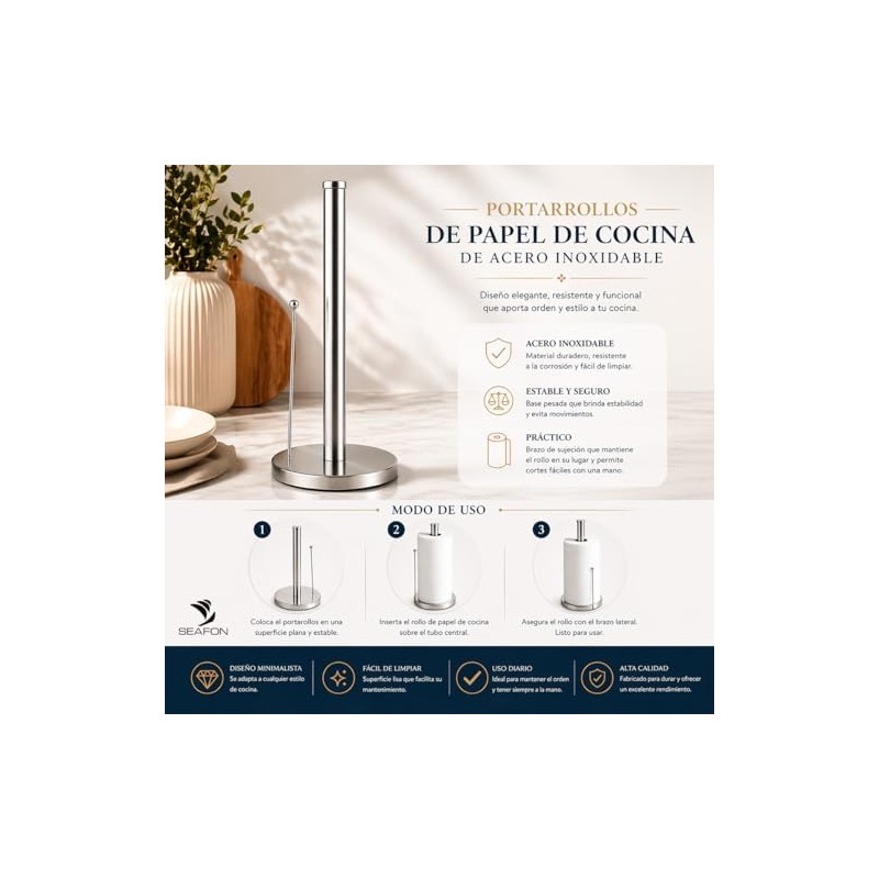 SEAFON Portarrollos Papel Cocina 33 cm Acero Inoxidable Brazo de