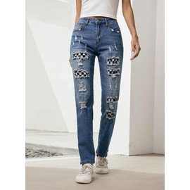 EVALESS Ripped Jeans for Women Boyfriend Distressed Checkered Flag Patchwork Print Mom Jeans 2025 Fashion Wide Leg Losse Baggy Racing Denim Nascar Butt Lifting Pants with Hole Blue Medium