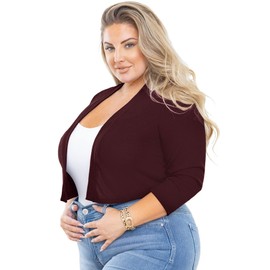 AusLook Plus Size Shrug for Women 3/4 Sleeve Lightweight Cardigan Open Front Knit Cropped Bolero Sweater