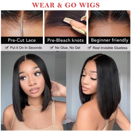 Pre Cut Lace Wear And Go Glueless Wig Human Hair, 12 Inch Bob Wig Human Hair Lace Front Wig, 4x4 Pre Cut Lace Glueless Wigs for Black Women