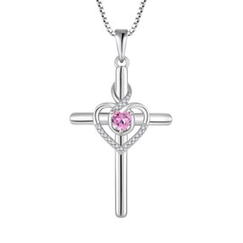 Inpasne Heart Cross Necklace for Women 925 Sterling Silver Infinity Cross Pendant Pink Tourmaline Necklace October Birthstone Jewelry Gift for Women Her Mom Wife Daughter