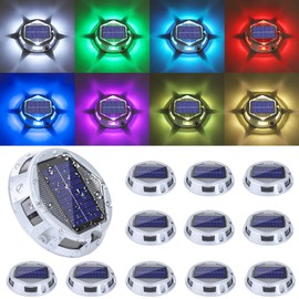 Solar Deck Light Outdoor, 12 Pack 9 Colors in 1 Solar Driveway Dock Lights, IP67 Waterproof Solar Powered Outdoor Light, RGB Step Lights for Outside Garden Yard Fence Stair Sidewalk Pathway Walkway