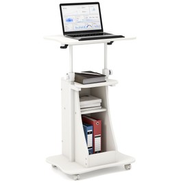 POWERSTONE Sit to Stand Mobile Lectern Teacher Podium Portable Height Adjustable Podium Stand Rolling Laptop Desk Cart with Storage Shelf Swivel Top for Classroom, Concert, Church White