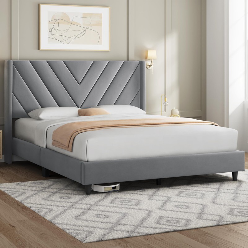 Yaheetech Queen Bed Frame Upholstered Platform Bed with Wing Side/Wooden