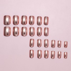 Rose Gold Chrome Press on Nails Short Square Fake Nails Rose Gold Mirror Metal False Nails Acrylic Glue on Nails Glossy Full Cover Stick on Nails Shine Artificial Nails for Women 24Pcs