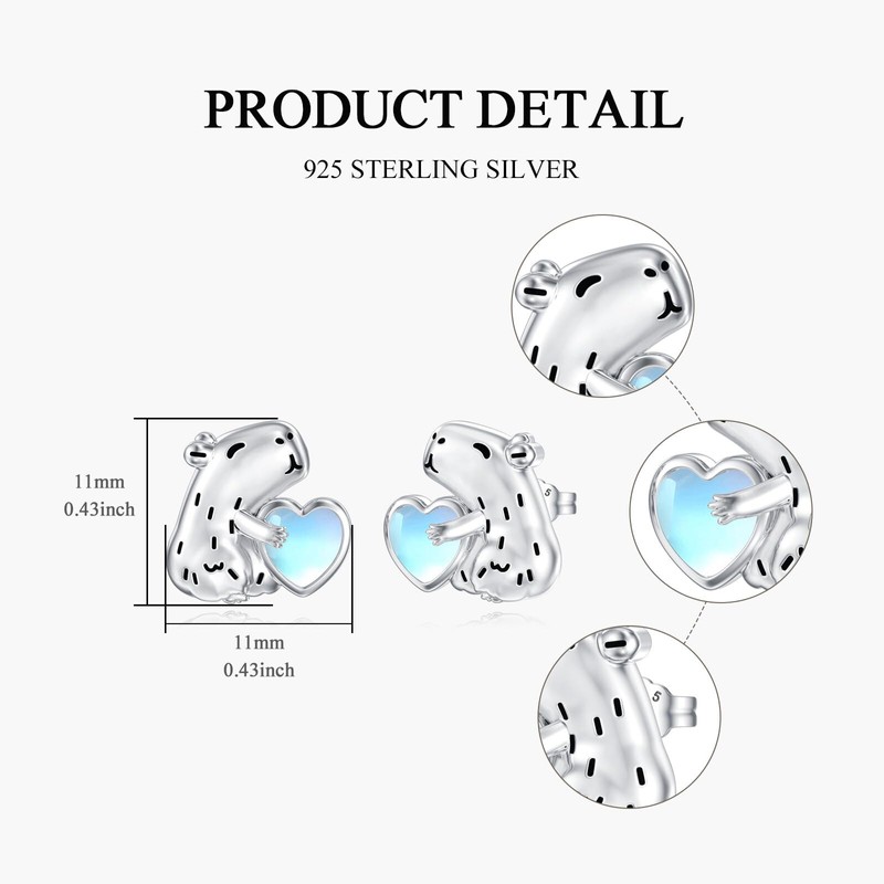 MONGAS Capybara Earrings 925 Sterling Silver Moonstone Capybara Stud Earrings
