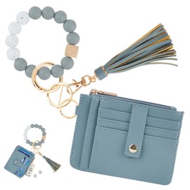 KNGITRYI Wallet Keychain Wristlet for Women,Slim RFID Credit Card Holder Purse Tassel Keychain Bangle Key Ring for Men Women (Classic, Denim blue)