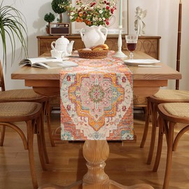 Chicamy Colourful Table Runner Boho Style Orange Vintage Table Runner Linen Bohemian Geometry Moroccan Country House Style Tablecloth Decoration for Home Kitchen Dining Room Party Entrance (40 x 140