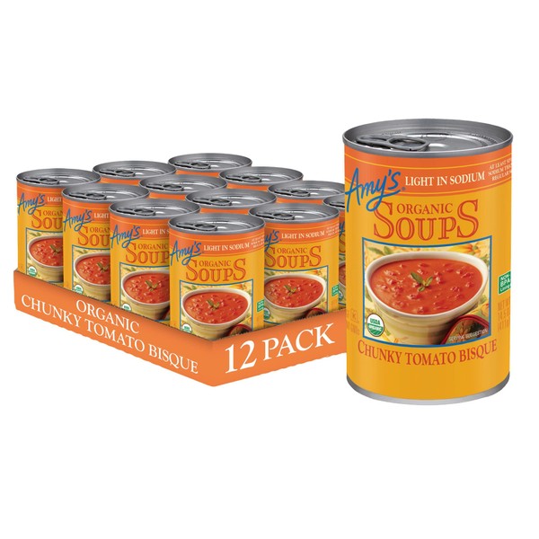 Amy’s Soup, Chunky Tomato Bisque, Light in Sodium, Gluten Free, Made With Organic Tomatoes and Cream, Canned Soup, 14.5 Oz (12 Pack)