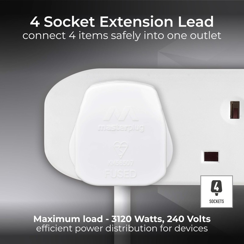 Masterplug Masterplug BFG110N-MP Four Socket Long Extension Lead, 1 Metre,