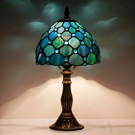 Small Tiffany Lamp Stained Glass Desk Lamp Vintage Tiffany Bedside Table Lamp for Home Living Room Bedroom Nightstand 8X15 Inch(Sea Blue Pearl)