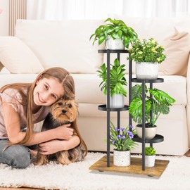 iDavosic.ly 4 Tier Plant Stand Indoor Outdoor, Tiered Corner Multiple Flower Pot Holder Shelf, Metal 30 Inch Tall Display Rack for Patio Porch Living Room Garden Balcony, Modern Black & Rustic Brown