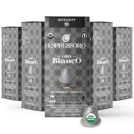 ESPRESSORO 100 USDA Organic Espresso Pods - BIANCO Aluminum Capsule Compatible with Nespresso Original Lines Machines. Intensity 10 Premium Italian Expresso Coffee Capsules