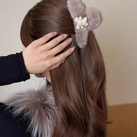 Fur Hair Clip, Hair Claw, Mokomoko, Small, Girl, Bear, Cute, Pearl Beads, Hair Ornament, Fluffy, Popular, Simple, Hair Accessory, Cute, Kimono, Hair Clip, Adult, Graduation, Coming-of-Age Ceremony,