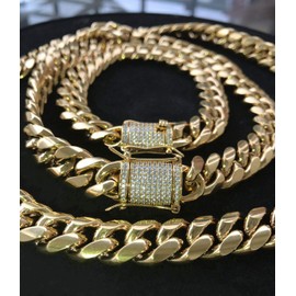 PY BLING 14k Golden Plated Mens Heavy Miami Cuban Link Chain Choker with Lab Diamond Clasp Stainless Steel Hip Hop Thick 8mm-16mm Necklace (16mm,22in)