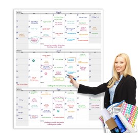 Dry Erase Vertical Three Month Laminated jumbo Wall Calendar, 46 x 63, Huge quarterly Laminated Erasable White Board, Giant 90 day Family Whiteboard Schedule Planner, Large Multi Month Reusable