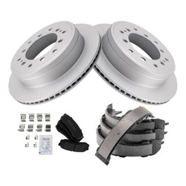 TRQ Rear Brake Pad & Rotor Kit Brake Pads Brake Rotor Parking Brake Shoe Set Semi-Metallic Premium G-Coated Compatible with 2010-2022 Lexus GX460 Toyota 4Runner 2010-2014 FJ Cruiser