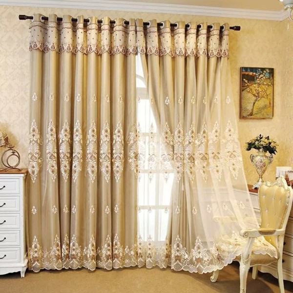 Curshimer Luxury Double Layer Blackout Curtain with Sheer European Embroidery