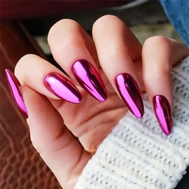Purple Chrome Press on Nails Medium Almond, Glossy Mirror Metal Acrylic False Nails with Bling Design, Gel Glue on Nails for Daily Party Wear, Stiletto Fake Nails Stick on Nails for Women Girls