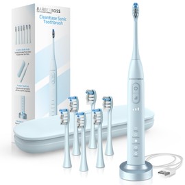 BarberBoss Spazzolino da denti sonico per adulti, ricaricabile con 5 modalità di pulizia, 3 livelli di intensità, sensore di pressione intelligente (Blu Cielo)