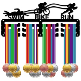 CREATCABIN Triathlon Medal Holder Medal Hanger Display Rack Swim Bike Run Sports Metal Hanging Awards Iron Small Mount Decor Awards for Wall Badge Race Runner Marathon Medalist Black 11.4 x 4.9 Inch