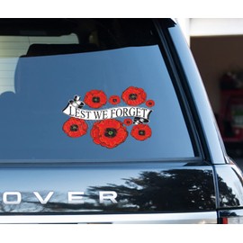Poppy Montage with "Lest we forget" banner through the center Flower Decals Car Stickers Graphics Wall Window Decorations Art (150 x 100mm)