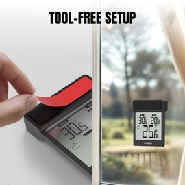 Raddy WT-1 Outdoor Window Thermometer, IP44 Waterproof Indoor Outdoor Temperature Gauge with Clear LCD Display, Max/Min Record, Easy Stick-on Mount, Battery Powered for Home Greenhouse (Black)