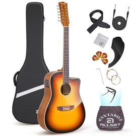 ALLSET 12 String Guitar - Acoustic Electric Guitar Kit For Fingerstyle, Adi Spruce Top Guitarra de 12 Cuerdas with Gig Bag, Picks, Strings, Strap - Sunset Ember