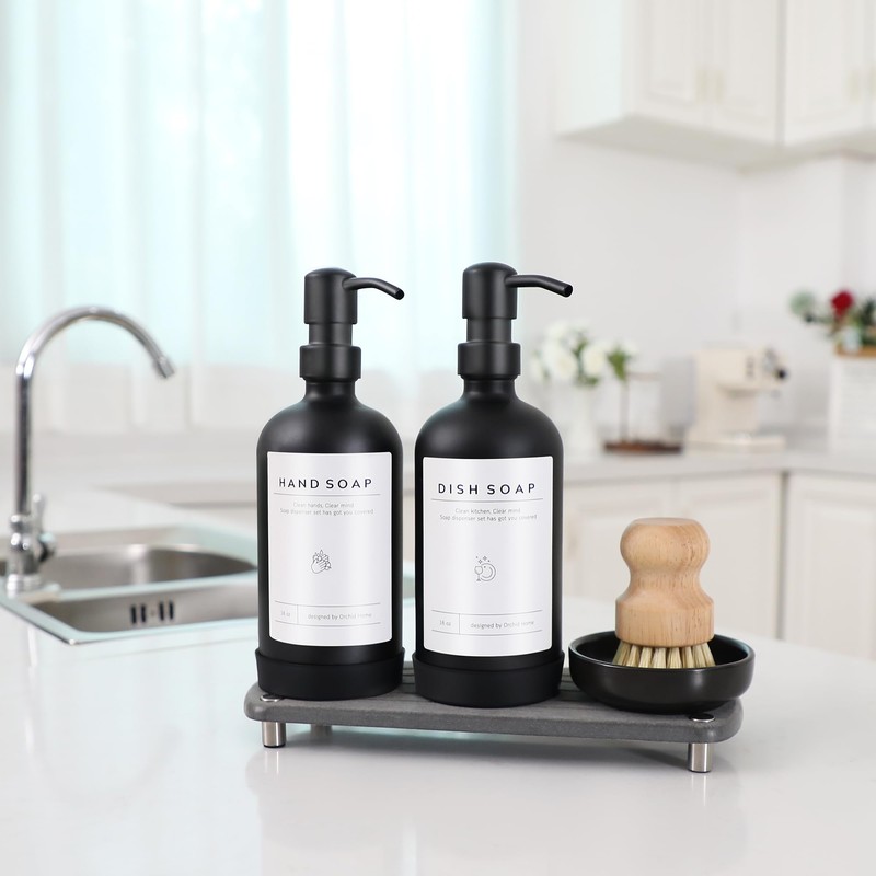 [Luxury] Kitchen Soap Dispenser Set - 16OZ Black Glass Bottle,