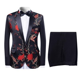 Mens 2-Piece Suits One Button Floral Blazer Dinner Jacket and Pants Red