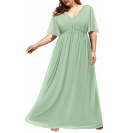 Sage Green Dress for Women Plus Size Bridesmaid Maxi Formal Chiffon Wedding Guest Ball Gowns Evening Party Short Sleeve