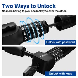 TAEGIQI Upgrade Bike Lock,Bike Chain Lock with 2 Ways to Unlock,5 Digit Resettable Combination and 2 Keys,Heavy Duty Anti-Theft 3.2 Feet,High Security Bicycle Locks for Ebike,Escooter,Gate,Door