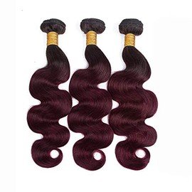 muaowig Burgundy Human Hair Bundles Body Wave Brazilian Remy Hair 3 Bundles Tow Tone #1b/99j Ombre Hair Bundle Red Hair Weave Dark Roots To Red Hair 3 Bundle 8 10 12 inch