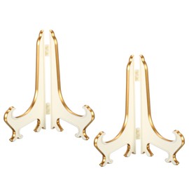 PATIKIL 5" Acrylic Decorative Plate Stand Holder, 2 Pack Table Use Foldable Picture Easel Frame Holder for Displaying Photos, Card, Canvases, White Gold