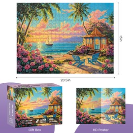 500 Piece Jigsaw Puzzles for Adults, Sunset Beach Cottage Puzzles for Adults, Fun and Challenging Puzzle for Family Time, Relaxing Gift for Adults, Kids, Seniors, 20.5 x 15 in