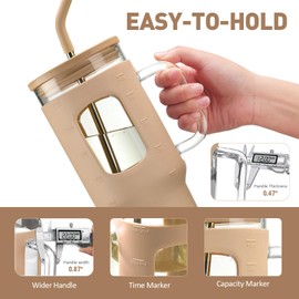 WINSA Glass Tumbler with Straw and Lid, 40 oz Glass Cup with Handle, Glass Water Bottles with Time Marker, 2 Straws - Pearl Straw & Drinking Straw Silicone Protective Sleeve-Amber