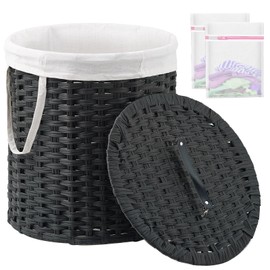 SETVSON Laundry Hamper with Lid Wicker Laundry Hamper Round 26.5 Gal (100 L) Laundry Basket Handwoven Rattan Laundry Basket with Removable Bag Handles 2 Mesh Bags for Living Room Bedroom Black