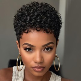 Pelucas cortas rizadas con corte Pixie y flequillo de cabello humano para mujeres negras, sin encaje, a máquina, con tapa de red rosa, peluca Pixie de