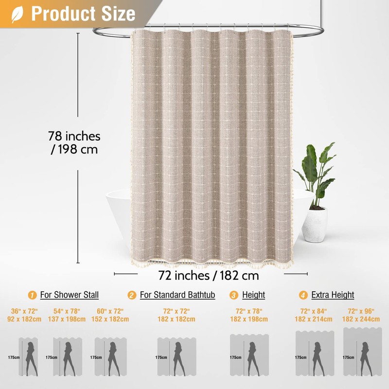 BTTN 78 Inch Long Shower Curtain - Boho Linen Thick