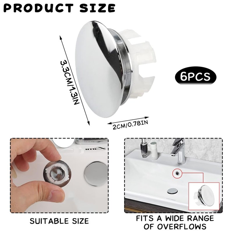 6 Pieces Overflow Cover, Overflow Plug, Round Overflow Cover, Sink