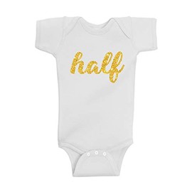 Reaxion Aiden's Corner - Handmade Baby Boy and Baby Girl Half Birthday Silver and Gold Glitter Flake Bodysuits - 1/2 Birthday (Gold_White, 12 Months)