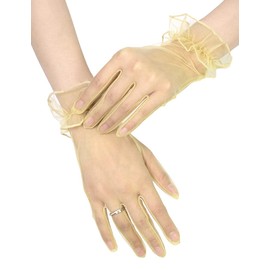 QRBTSCL Women's Short Mesh Gloves Ruffled Tulle Wedding Party Gloves Short Prom Evening Glove Gold