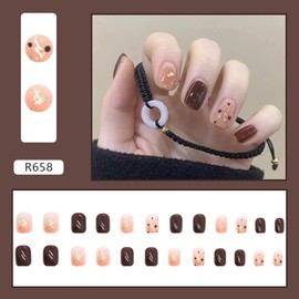 Artificial Fingernails Acrylic Fake Nails with Designs, Stick on Nails Short Length Coffin Shape, 24Pcs Full Cover Reusable False Nails Kits, Press on Nails for Women, Glue on Nails Short Square(R658)