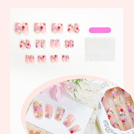 Flower Press on Nails Medium Square Fake Nails French Tip with Floral Design Daisy False Nails Nude Stick on Nail Spring Summer Acrylic Glue on Nail Glossy Reusable for Women Manicure Decor