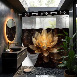 Lotus Hookless Shower Curtain with Snap in Liner, Black and Gold Spa Zen Spiritual Golden Floral No Hook Double Layer Shower Curtain and Liner Set, Waterproof Cloth Fabric, 71" W X 80" L