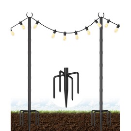 Tigerden 10Ft String Light Poles for Grass & Soil, Outdoor Light Stand with 5-Prong Fork Base, Heavy-Duty Metal Poles for Backyard, Garden & Patio Party Lighting, Rustproof & Adjustable, 2 Pack
