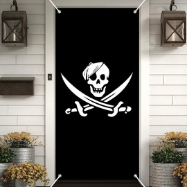 Jolly Roger Pirate Flag Banner Backdrop with Crossed Swords & Tattered Edges Door Cover for Halloween Photography Party Decor 35x72 Inch