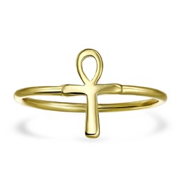 Minimalist Gold Plated .925 Sterling Silver Midi Knuckle 1MM Band Stackable Ankh Cross Egyptian Symbol Of Life Ring