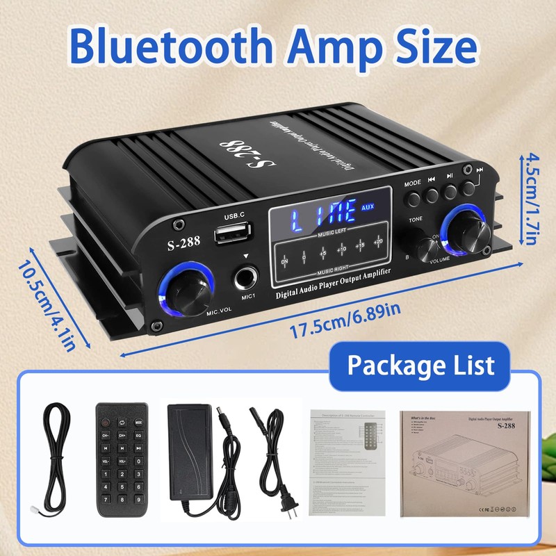 4 Channel Bluetooth 5.0 Stereo Amplifier 50Wx4 HiFi Power Amplifier,