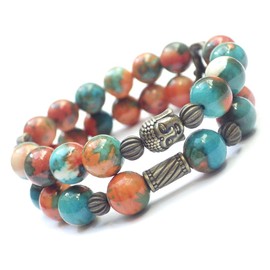 Boho Gipsy White Jade Multi Row Bracelet Tinted Brown Orange and Blue